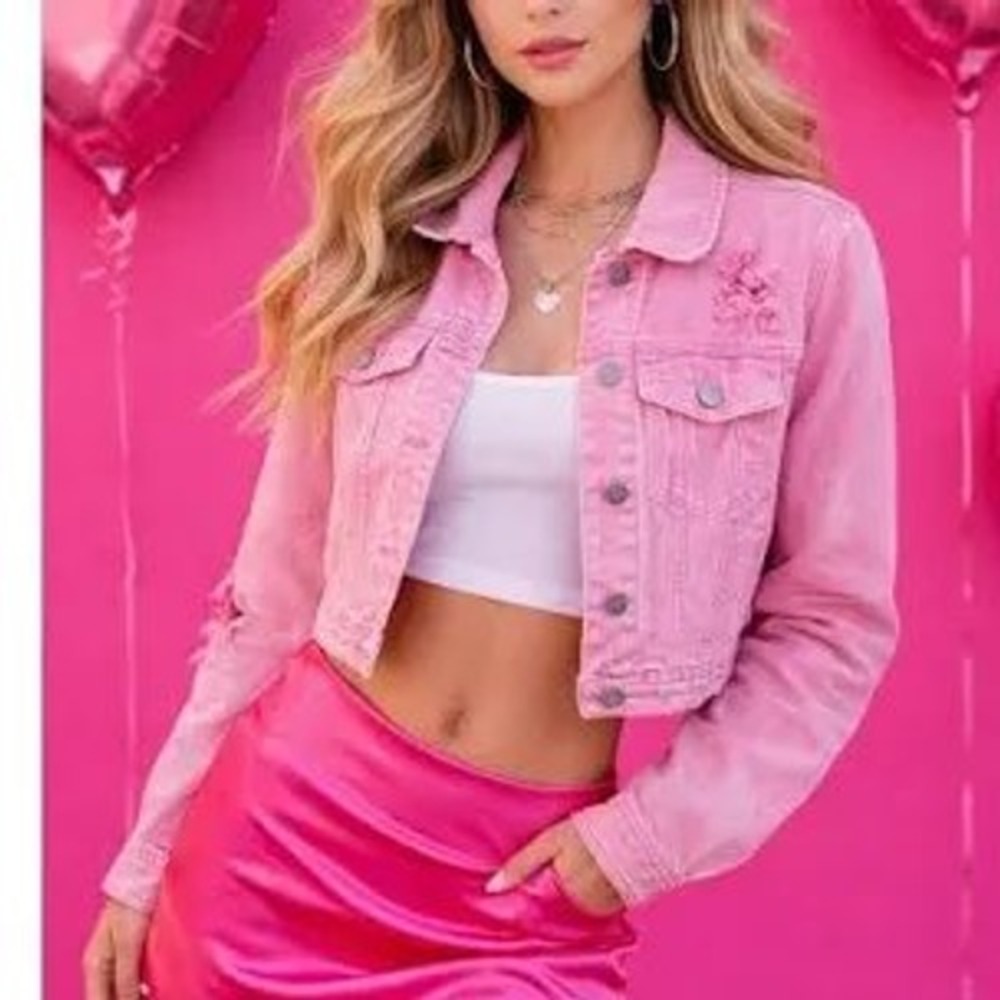 Day + Moon Pink Acid Wash Distressed Denim Trucker Jacket DM1004 Large